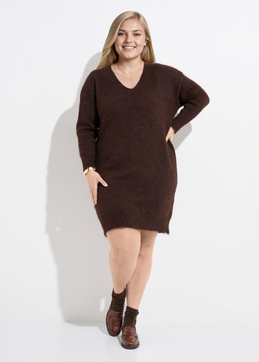 Robe pull longue col V avec laine Chocolat