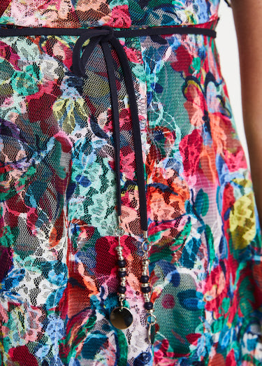 Robe courte dentelle fleurie évasée Fuchsia/Bleu