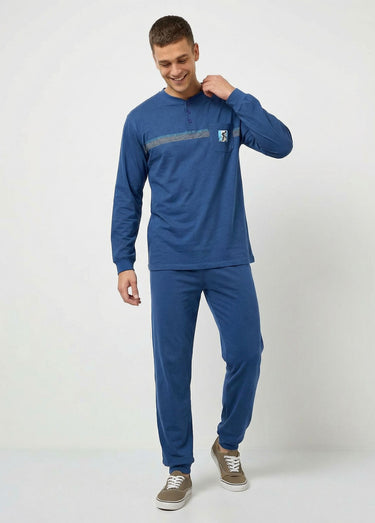 Pyjama col tunisien jersey coton bas resserrés Bleu