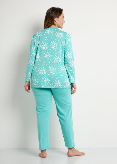 Pyjama col V boutonné coton manches longues Vert