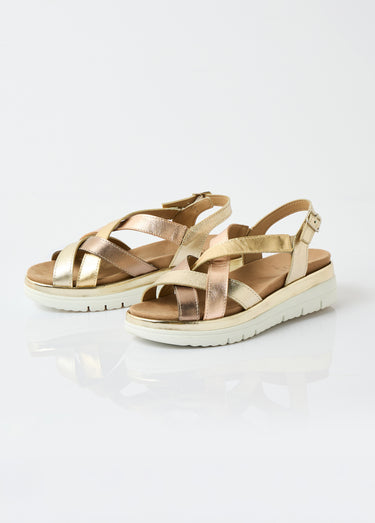 Sandales multibrides compensées grande largeur Dore/Bronze