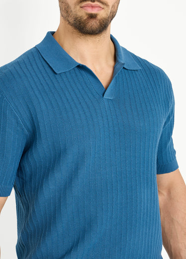 Pull fin col polo, en maille texturée Bleu