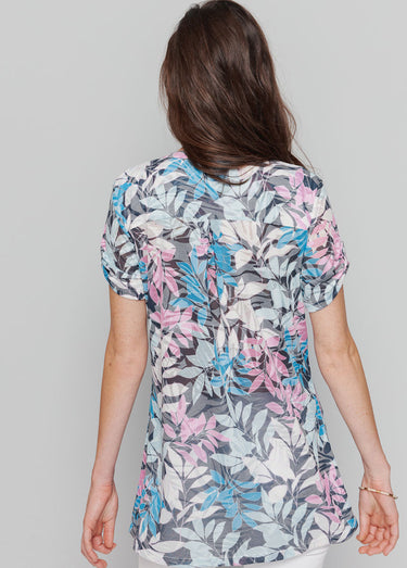 Tunique longue motif graphique feuillage Bleu/Fuchsia