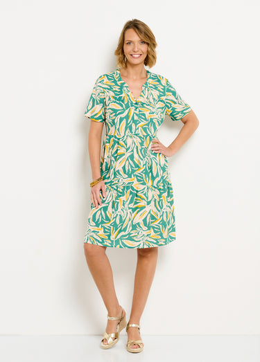Robe col V boutonnée imprimée manches courtes Vert/Blanc