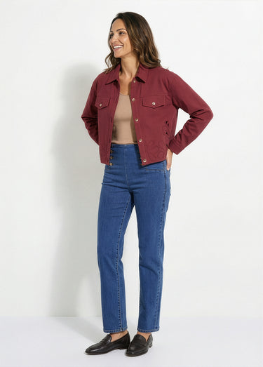 Veste courte en denim, détails ajourés Bordeaux
