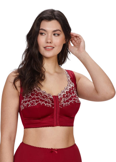 Soutien gorge dentelle fleur, ouvert devant Carmin