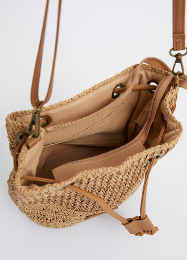 Mini sac seau en paille ajourée Taupe