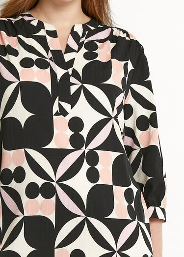 Robe droite courte manches 3/4 motif graphique Noir/Rose