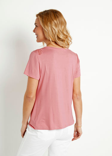 T-shirt coton brodé ajouré col rond Rose