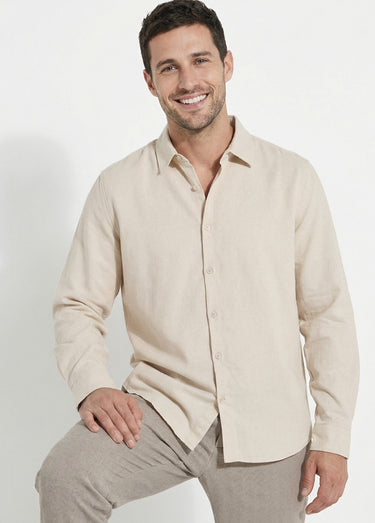 Chemise col à pointes, en coton / lin Beige