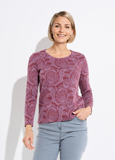 T-shirt jacquard fleuri col rond Bordeaux/Rose