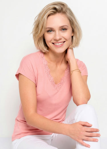 T-shirt court extensible dentelle Rose