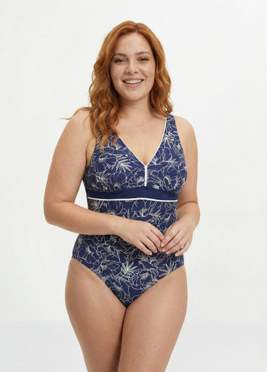 Maillot de bain 1 pièce V, fleuri Imp Bleu
