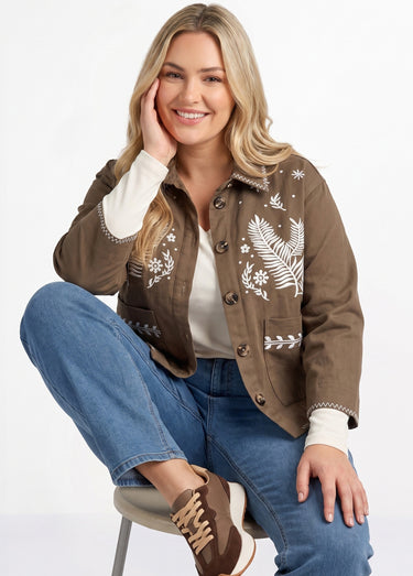 Veste courte en twill avec broderies Marron