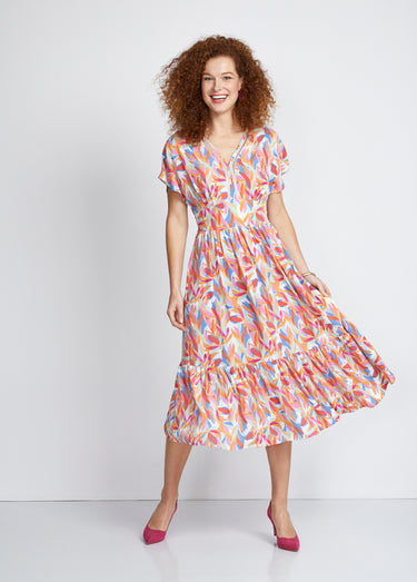 Robe longue volantée smockée dos Orange/Bleu