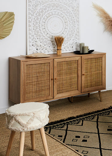 Buffet bas 3 portes, en bois et cannage Marron