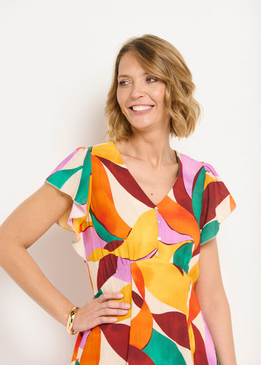 Robe col V courte aspect lin imprimé floral Orange/Vert