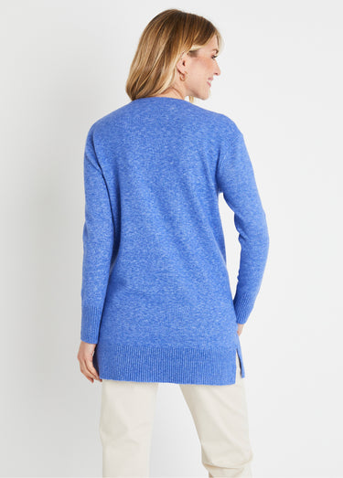 Pull tunique chiné long col V avec laine Bleu