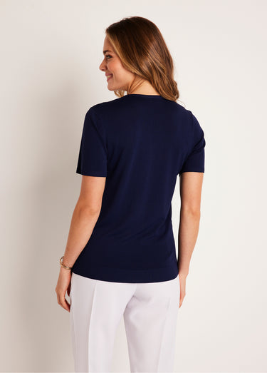 Pull fin brodé manches courtes Marine