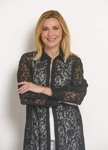 Robe chemisier longue en dentelle Noir