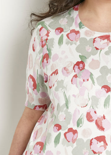 Pull doux manches courtes col rond Vert/Coquelicot