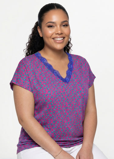 T-shirt court extensible dentelle Fond Fuchsia