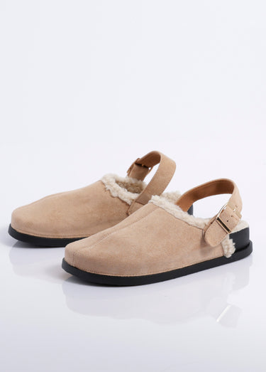 Mules fourrées en suédine, bride talon Beige
