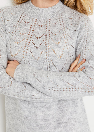Robe-pull courte tricot ajouré col rond Gris Clair Chine