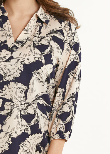 Tunique longue col chemise motif graphique Marine / Blanc