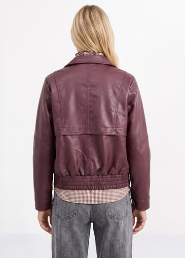 Blouson simili cuir, taille élastiquée Bordeaux