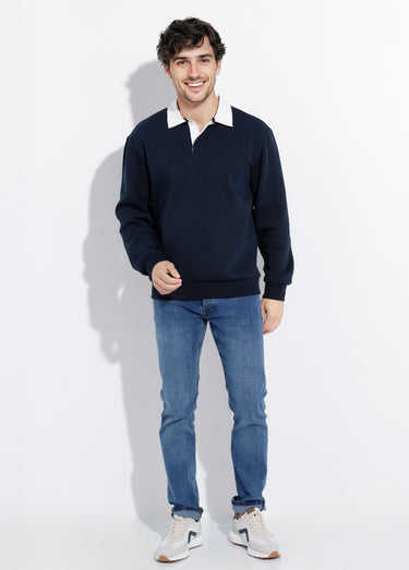 Pull maille fantaisie, col polo boutonné Bleu Marine