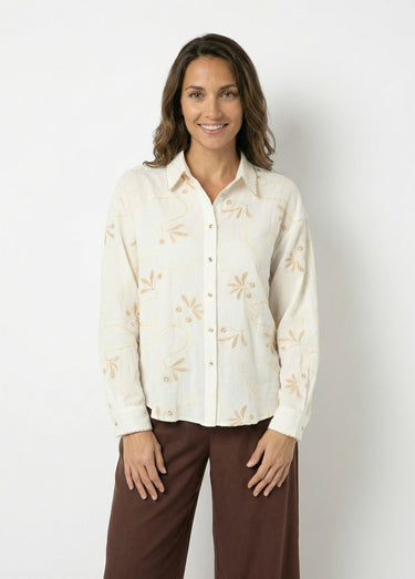Chemisier avec lin, broderies et festons Ecru/Beige