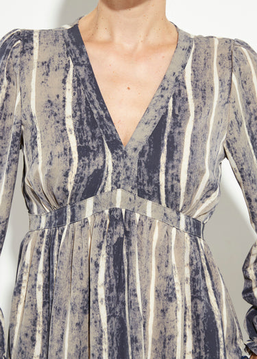 Robe courte col V taille haute plissée Gris/Ecru