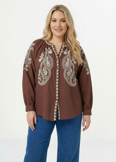 Blouse avec broderies et petit col V Chocolat / Beige