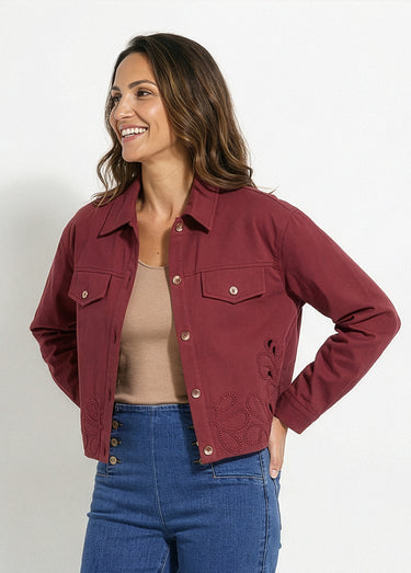 Veste courte en denim, détails ajourés Bordeaux