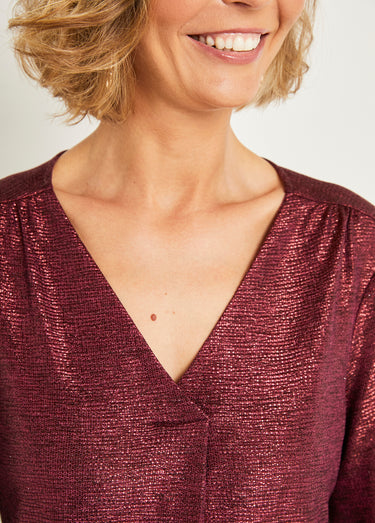 T-shirt mi long ample maille brillante col V Framboise