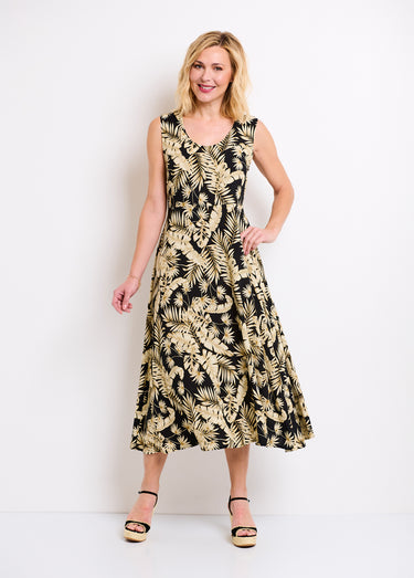 Robe longue sans manches évasée imprimé feuillage Noir/Ecru