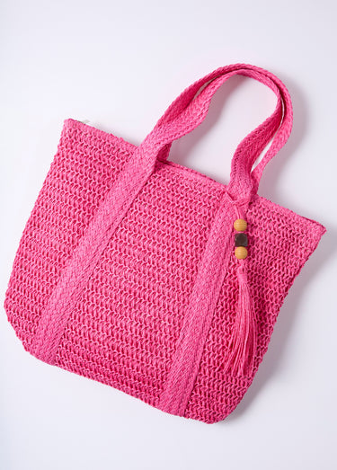 Grand sac en paille avec pompon perles Fuchsia