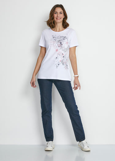 T-shirt long motif fleuri fentes côtés Blanc