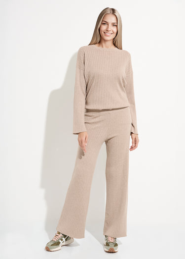 Pantalon confort, maille cotes plates Beige