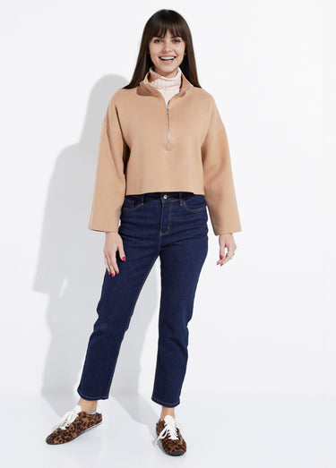 Pull court avec col montant zippé Taupe