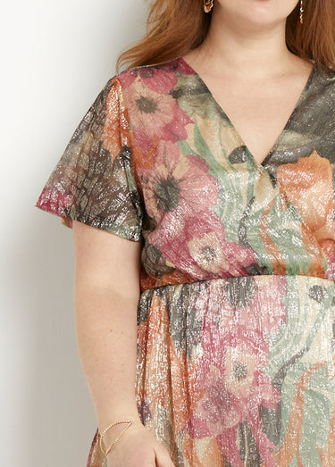 Robe courte cache-coeur brillante motif fleuri Multicolore