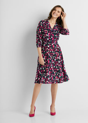 Robe courte évasée cache-coeur imprimée Imprime Fuchsia