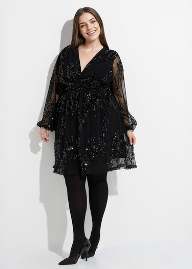 Robe chic en voile et sequins brillants Noir