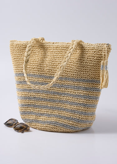 Grand sac en paille, rayures et longues anses Naturel/Argente