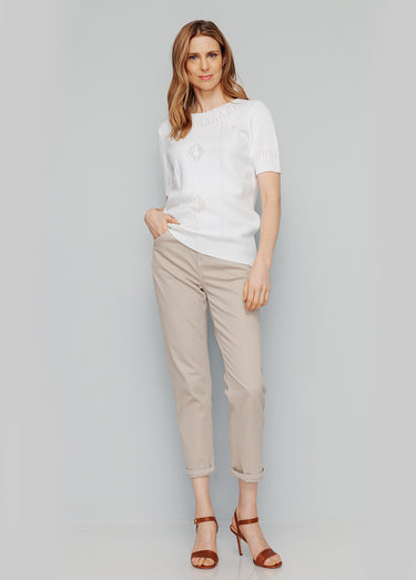 Pull manches courtes, détails ajourés Blanc