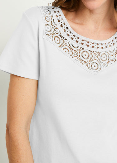 T-shirt macramé coton uni manches courtes Blanc
