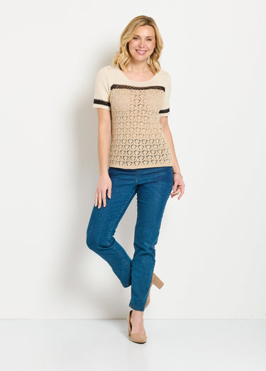 Pull doux brillant manches courtes col rond Beige/Noir