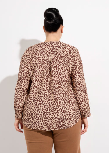 Tunique col V boutonné, taches léopard Leopard Marron