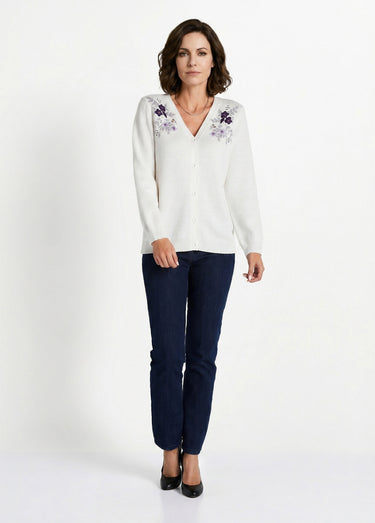 Gilet doux uni col V boutonné court brodé Ecru